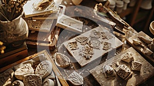 Traditional pottery stamps on a wooden table. Craft workshop scene with ceramic tools