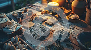 Traditional pottery stamps on a wooden table. Craft workshop scene with ceramic tools