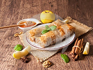 Traditional puff pastry strudel with apple