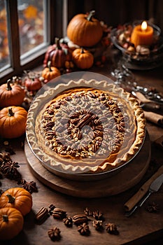 Traditional pumpkin pie for celebration Thanksgiving Day, generated AI