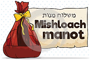 Traditional Purim Basket with Scroll for Mishloach Manot Tradition, Vector Illustration