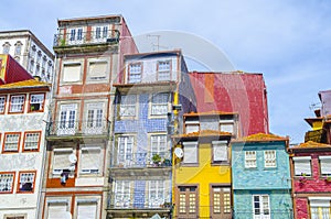 Traditional quaint houses in the old town and touristic ribeira district of Porto, Portugal