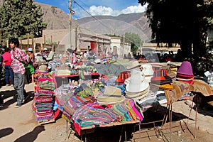 Traditional quechua colorful textil sold at the market