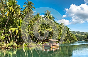 Traditional raft boat with tourists on a jungle green river