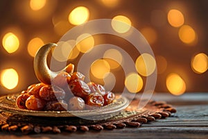 Traditional Ramadan Dates and Crescent Moon Decoration, Festive Concept