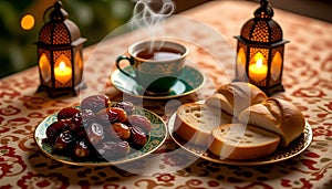 Ramadan Iftar Table with Dates Bread and Hot Tea at Night