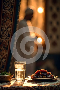 Traditional Ramadan Iftar Table With Dates And Water Inside Mosque In Warm Evening Light