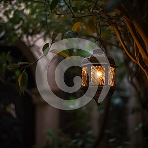 Traditional Ramadan Lantern in Dimly Lit Courtyard