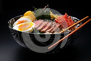 Traditional ramen soup in bowl with chopsticks, authentic asian noodle dish for food lovers