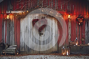 A traditional red barn with a heart-shaped symbol on its door stands in a rural landscape, An old rustic barn decorated with heart