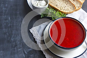 Traditional red beet soup - borsch. Vegetarian Diet Food