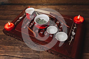 Traditional red chinese tea set, red porcelain with traditioanl chinese theatre masks