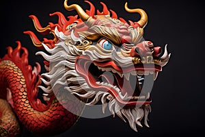 Traditional red and gold chinese dragon sculpture on black background with copy space. 2024 Chinese year of the dragon