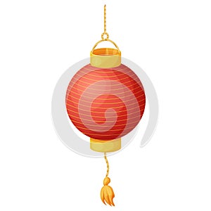 Traditional red lantern, hanging lamp with rope, Japanese street light decorated with gold elements and tassel in