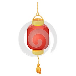 Traditional red lantern, hanging lamp with rope, Japanese street light decorated with gold elements and tassel in