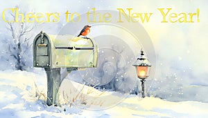 Traditional Red Mailbox with Robin and Lantern New Year Greeting Card photo