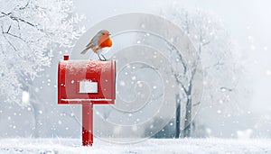 Traditional Red Mailbox with Robin and Lantern New Year Greeting Card photo