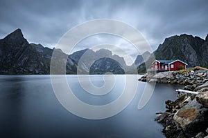 Traditional red rorbu cottage in Hamnoy village, Lofoten islands, Norway photo