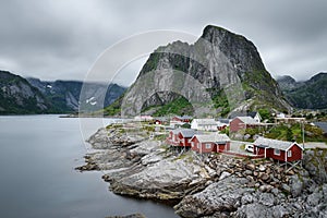 Traditional red rorbu cottages in Hamnoy village, Lofoten islan