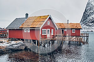 Traditional red rorbu house in Reine village on Lofoten Islands,