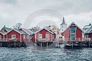 Traditional red rorbu houses in Reine, Norway