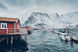 Traditional red rorbu houses in Reine, Norway