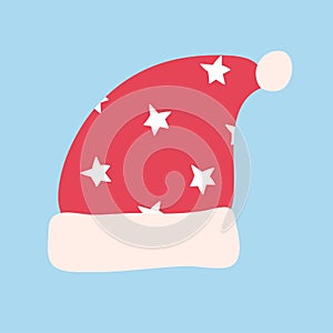 Traditional red Santa Hat. Funny holiday clothes with cute white starry print. Traditional element isolated on blue background