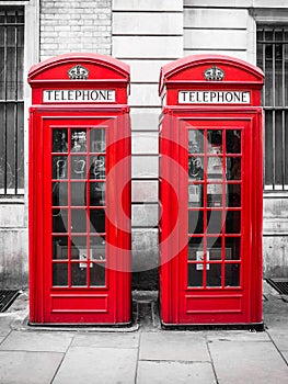 Traditional red telephone booths in London, England