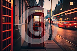 Traditional red telephone box in London at night, UK. Retro style