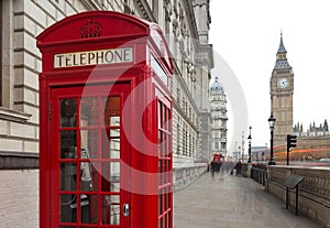 A view of Big Ben and a classic red phone box in London, United