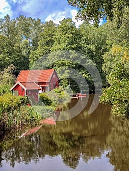 Traditional red and white wooden cottages in rural Smaland, Sweden