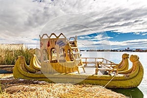Traditional reed boat lake Titicaca,Peru,Puno,Uros,South America,Floating Islands,natural layer photo