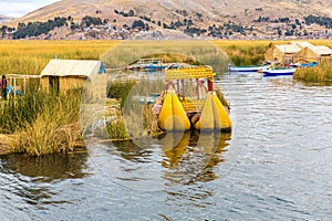 Traditional reed boat lake Titicaca,Peru,Puno,Uros,South America,Floating Islands,natural layer photo