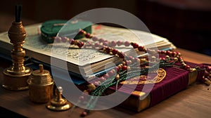 Traditional Religious Study Materials with Prayer Beads