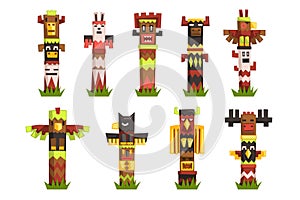 Traditional religious Totem Poles set, native culture tribal symbol, carved idol masks vector Illustrations