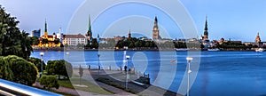 Traditional Riga skyline during blue hour.