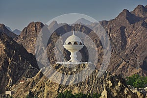 Traditional Riyam Censer atop a rocky mountain in Muscat, Oman