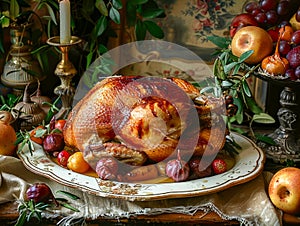 Traditional Roasted Turkey on Festive Table with Apples, Vegetables, and Candlelight for Holiday Dinner