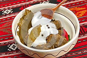 Traditional romanian and balkanic dish minced meat wrapped in vine leafs served with cream in a clay bowl photo