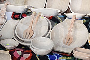 Traditional Romanian carved wood dishware at Horezu