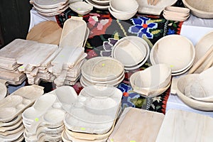 Traditional Romanian carved wood dishware at Horezu