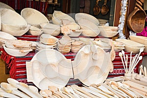 Traditional Romanian carved wood dishware at Horezu