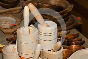 Traditional Romanian carved wood dishware at Horezu