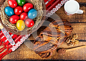 Traditional Romanian Easter table, homemade sweetbread