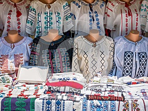 Traditional Romanian Folk Costumes exhibition. Hand made traditional costumes on plastic mannequin