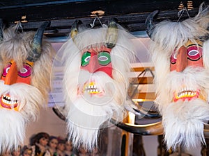 Traditional romanian hand made masks souvenirs at the weekly market in Bran Castle, Romania