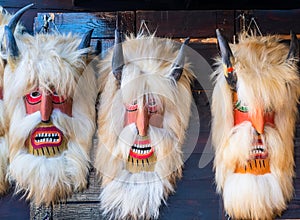 Traditional romanian hand made masks souvenirs at the weekly market in Bran Castle, Romania