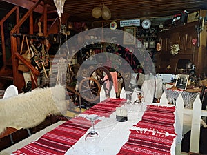 Traditional Romanian rustic decorations in a restaurant