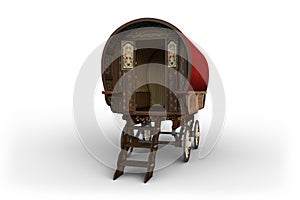 Traditional Romany gypsy caravan with red roof parked with open door. 3D illustration isolated on a white background