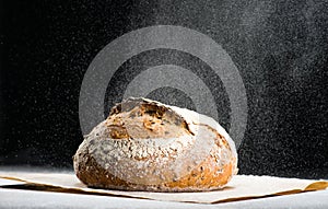 Traditional round artisan rye bread loaf with walnut and seeds w